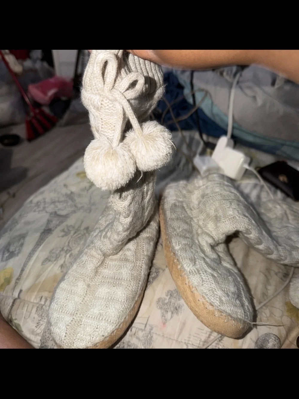 Cozy Knit Pom Winter Boot Slippers - Cream